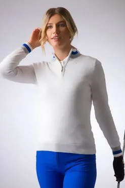 Glenmuir Ladies Zip Neck Contrast Rib Diamante Cotton Golf Sweater GAELLE