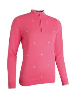 Glenmuir Ladies Zip Neck Embroidered Flower Cotton Golf Sweater Sorbet/White