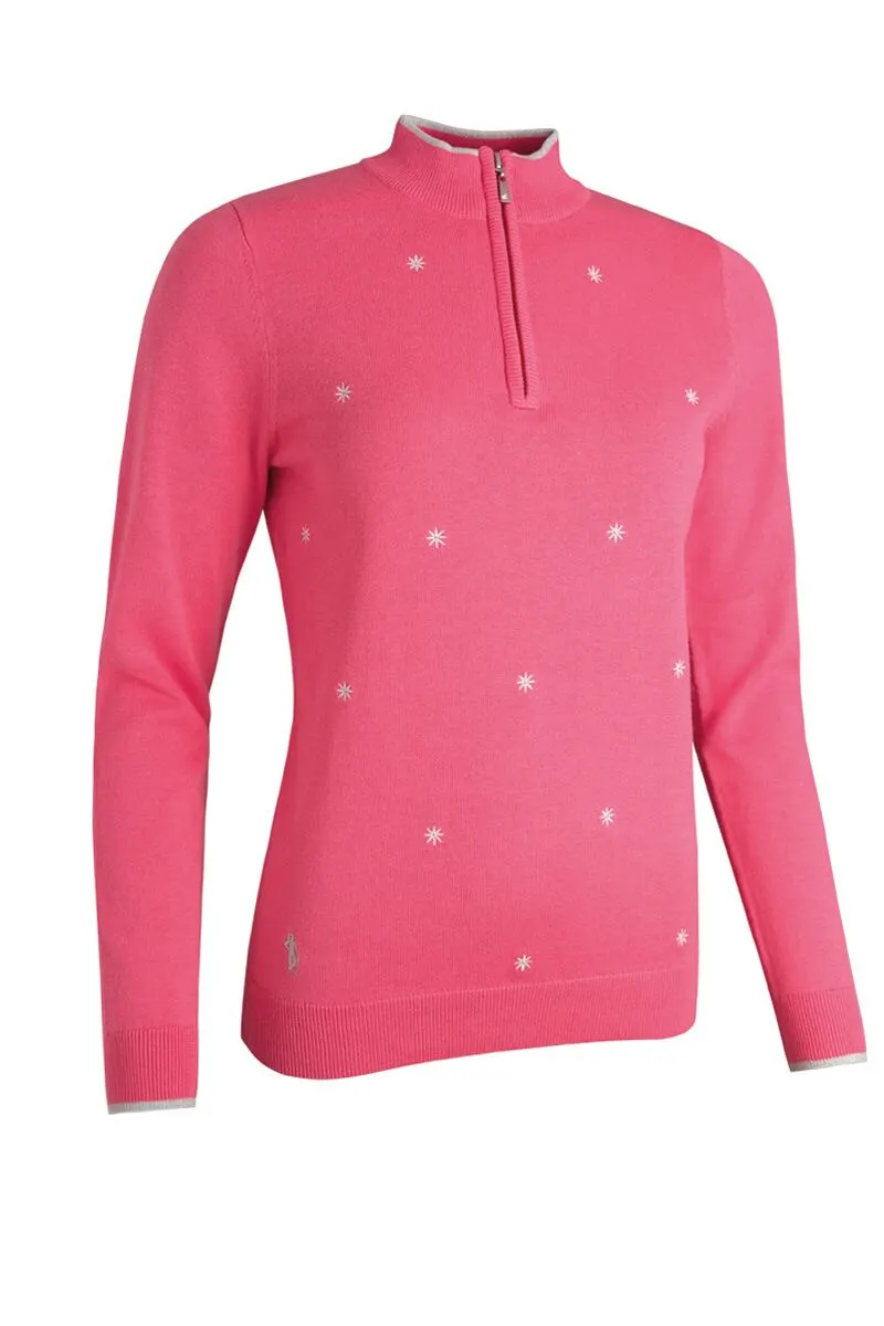 Glenmuir Ladies Zip Neck Embroidered Flower Cotton Golf Sweater Sorbet/White 3 Glenmuir Ladies Zip Neck Embroidered Flower Cotton Golf Sweater Sorbet/White