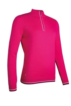 Glenmuir Ladies Zip Neck Rib Detail Cotton Golf Sweater Magenta/White/Navy