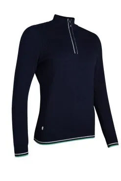 Glenmuir Ladies Zip Neck Rib Detail Cotton Golf Sweater Navy/White/Spring Green