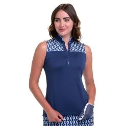 EP NEW YORK EPNY Ladies Sleeveless Zip Mandarin Collar Print Top Inky Multi