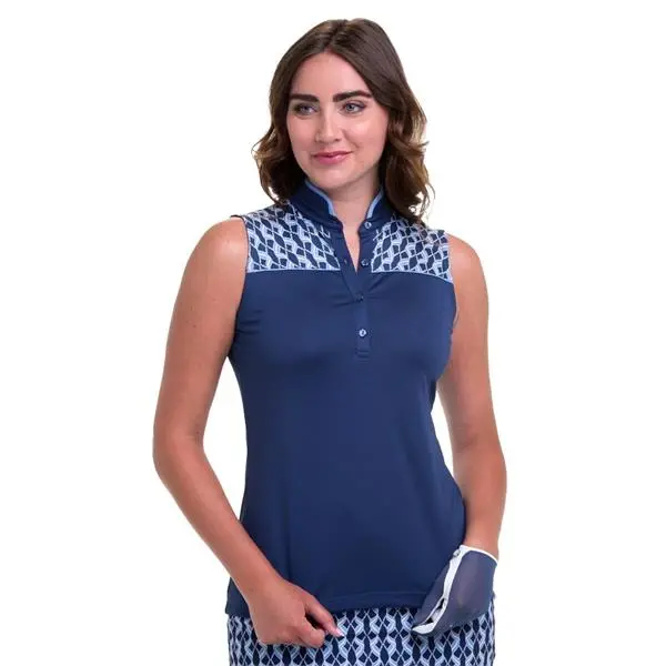 EP NEW YORK EPNY Ladies Sleeveless Zip Mandarin Collar Print Top Inky Multi 3 EP NEW YORK EPNY Ladies Sleeveless Zip Mandarin Collar Print Top Inky Multi